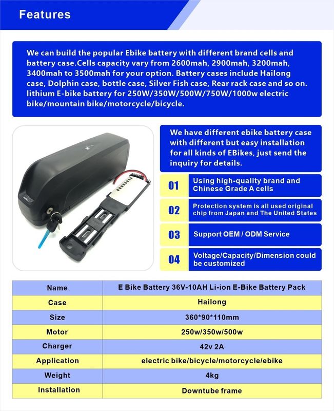 Η μπαταρία υψηλής απόδοσης για το E Bike για το Hailong Case 250w/350w/500w Motor Black
